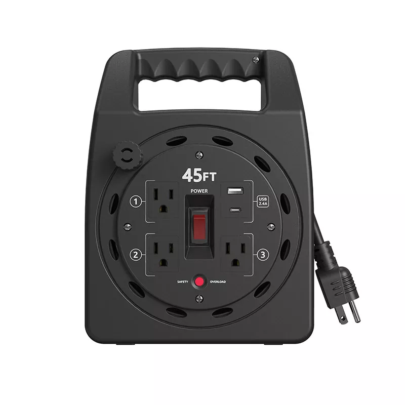 3 Outlet USB2.4A Plastik Cord Reel 45ft dengan Perlindungan Kelebihan 3 Outlet USB2.4A Plastik Cord Reel 45ft dengan Perlindungan Kelebihan